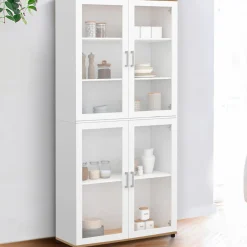Vaisselier buffet haut 176 cm avec 4 portes vitrées blanc et bois*IDMarket Discount