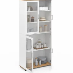 Vaisselier buffet haut 176 cm avec 4 portes vitrées blanc et bois*IDMarket Discount
