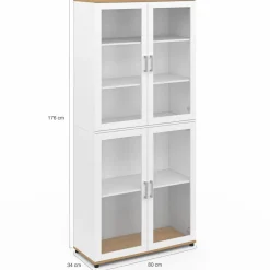 Vaisselier buffet haut 176 cm avec 4 portes vitrées blanc et bois*IDMarket Discount