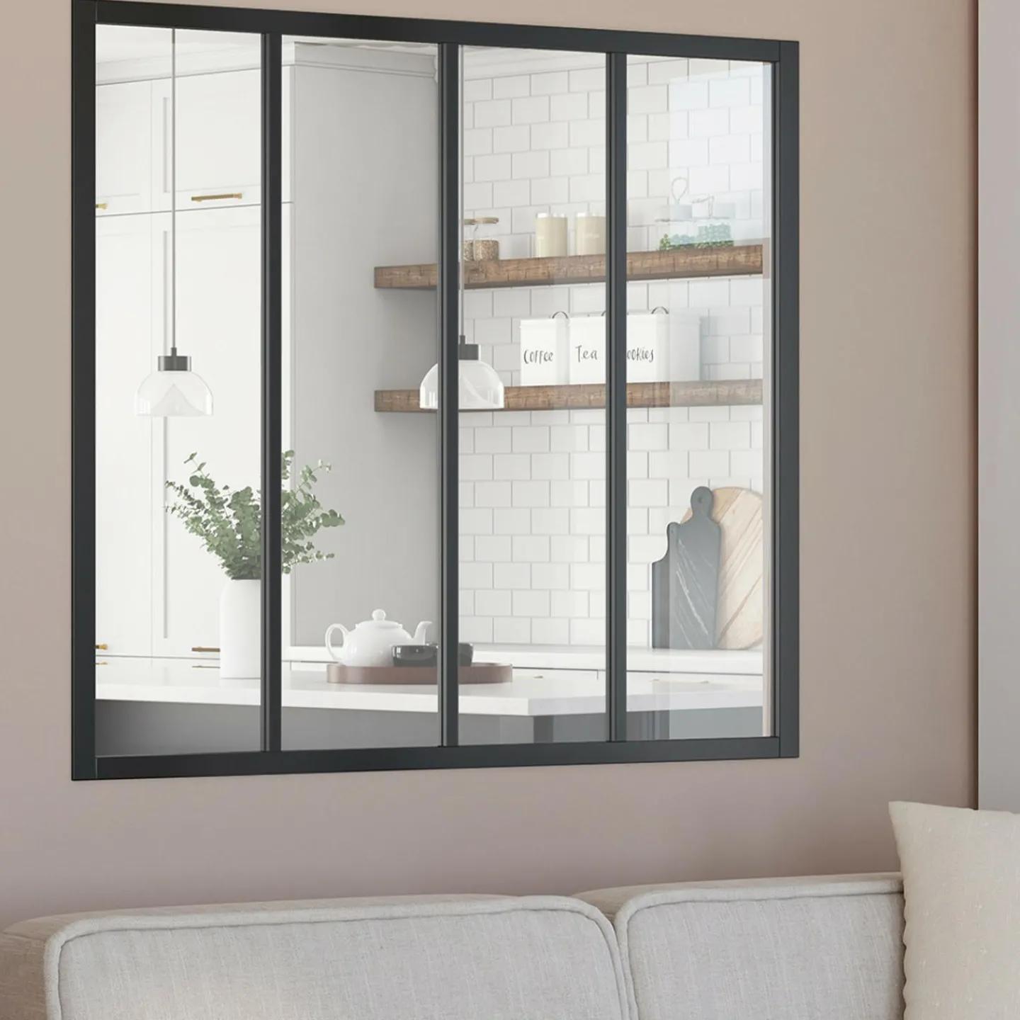 Verrière 4 vitrages L. 120 x H.108 cm en métal noir et verre trempé*IDMarket Discount