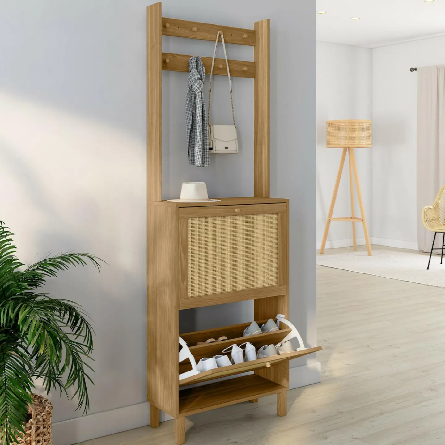 Vestiaire d'entrée 2 portes bois effet naturel cannage meuble chaussures 12 paires*IDMarket Hot