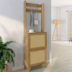 Vestiaire d'entrée 2 portes bois effet naturel cannage meuble chaussures 12 paires*IDMarket Hot