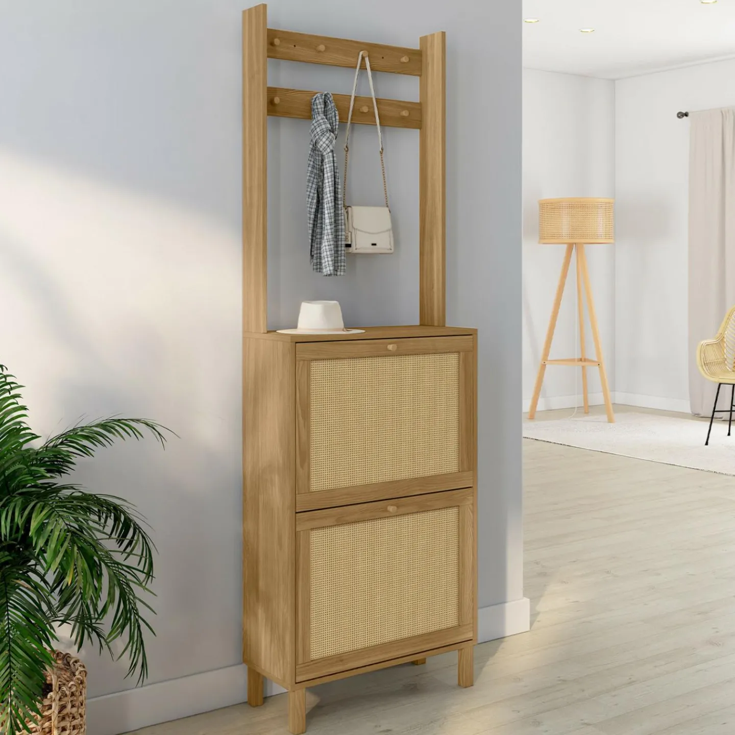 Vestiaire d'entrée 2 portes bois effet naturel cannage meuble chaussures 12 paires*IDMarket Hot