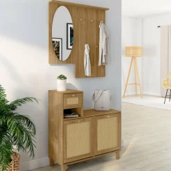 Vestiaire d'entrée avec miroir, placard à chaussure et rangements en bois effet naturel cannage*IDMarket