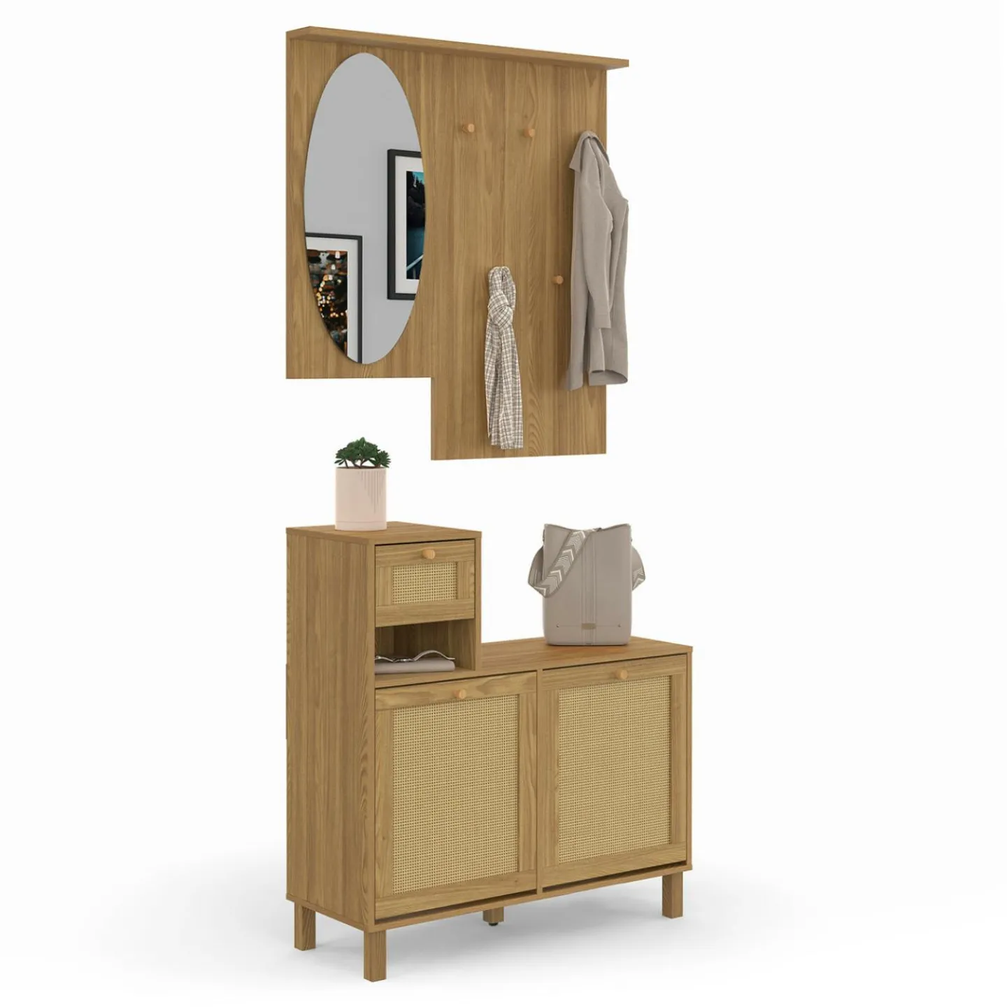 Vestiaire d'entrée avec miroir, placard à chaussure et rangements en bois effet naturel cannage*IDMarket