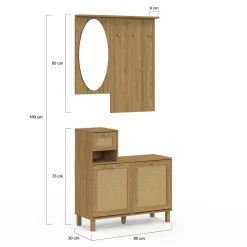 Vestiaire d'entrée avec miroir, placard à chaussure et rangements en bois effet naturel cannage*IDMarket
