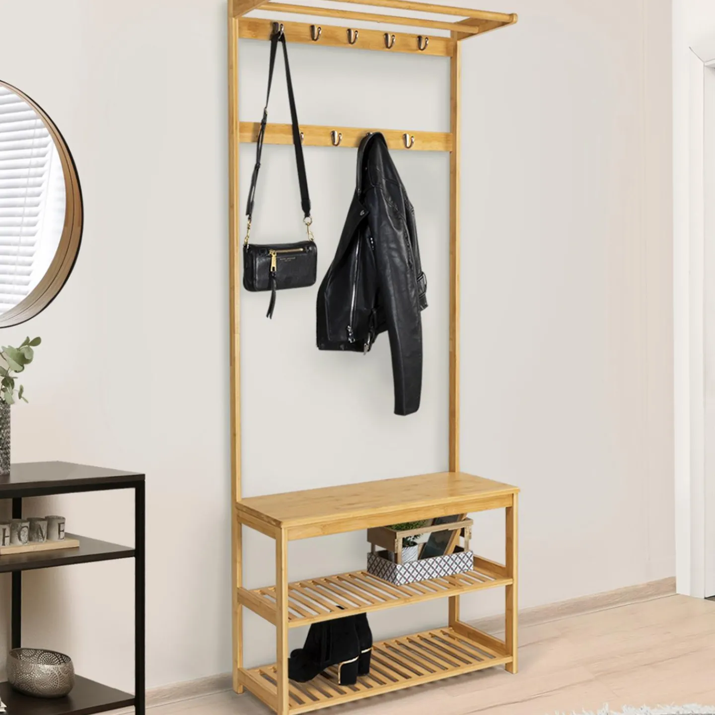 Vestiaire d’entrée en bambou avec portant à vêtements et chaussures*IDMarket Best