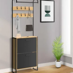 Vestiaire d'entrée meuble chaussures 2 portes bois et noir*IDMarket Online