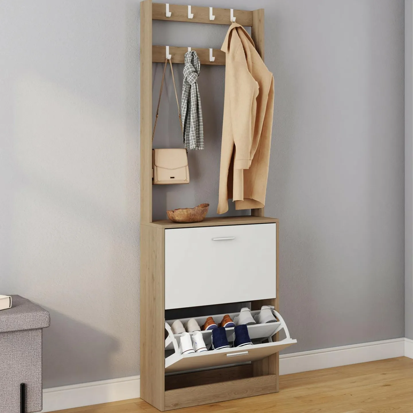 Vestiaire d'entrée meuble chaussures 2 portes effet bois et blanc*IDMarket Outlet