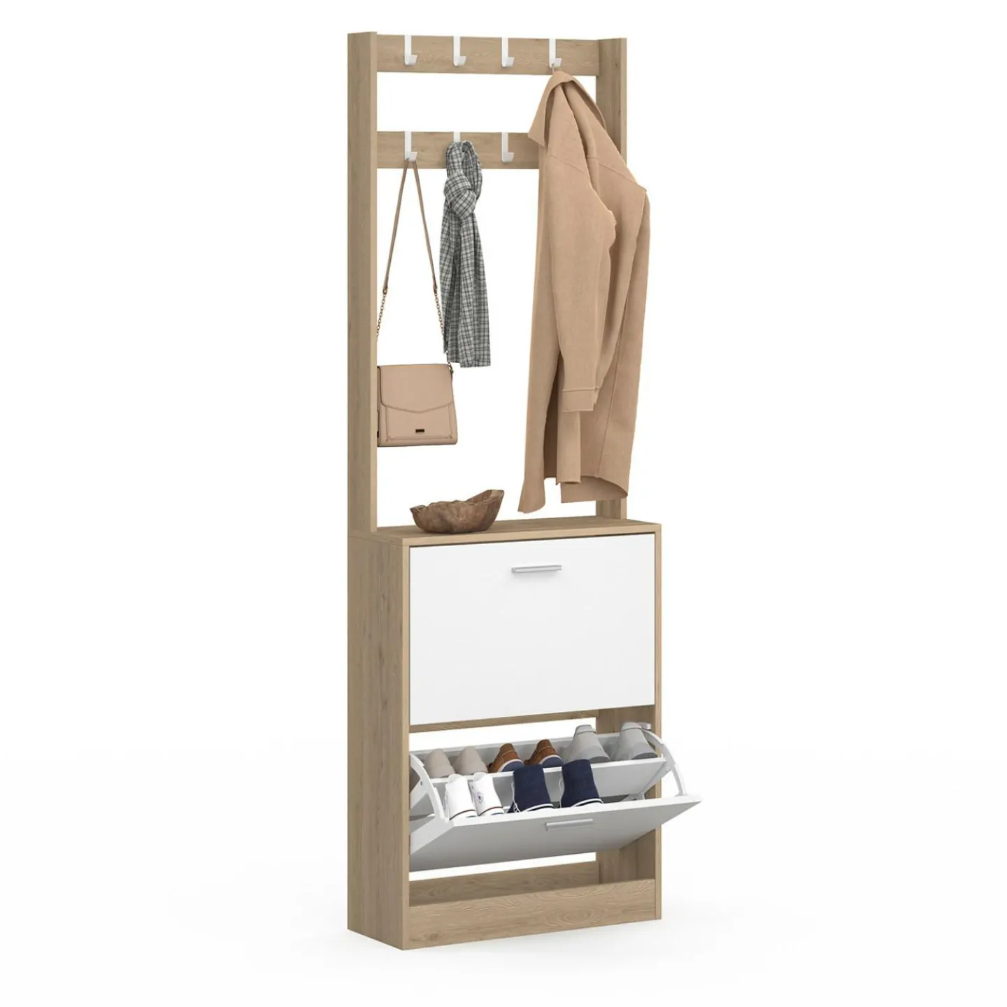 Vestiaire d'entrée meuble chaussures 2 portes effet bois et blanc*IDMarket Outlet