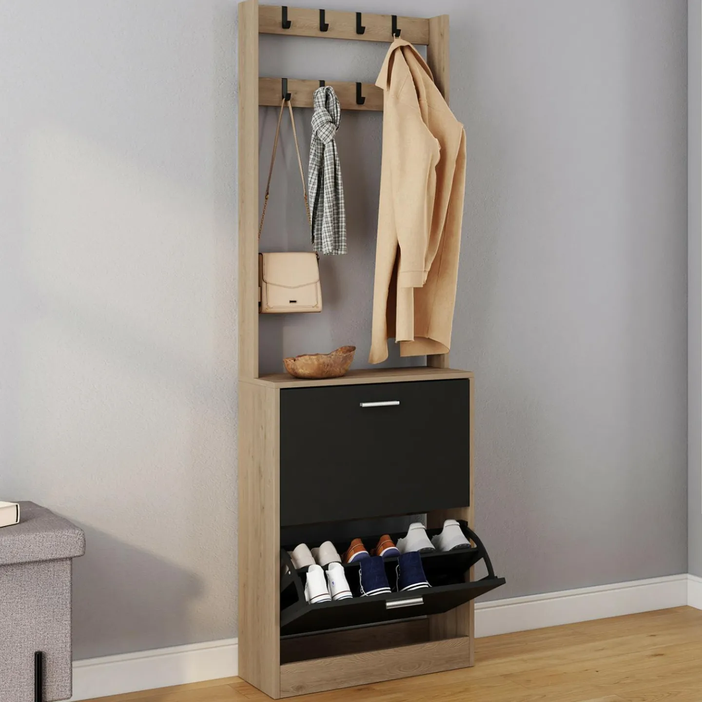 Vestiaire d'entrée meuble chaussures 2 portes effet bois et noir*IDMarket Sale